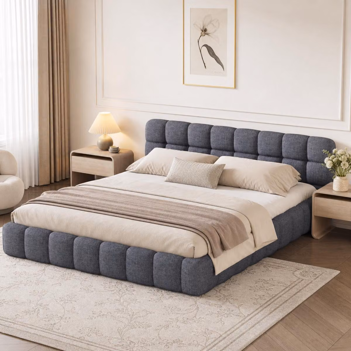 INONEFT Bubble-Bett 140x200 cm, letto imbottito, letto matrimoniale con testiera imbottita, struttura letto per ragazzi con rete a doghe, letto basso, letto per ospiti, colore: grigio