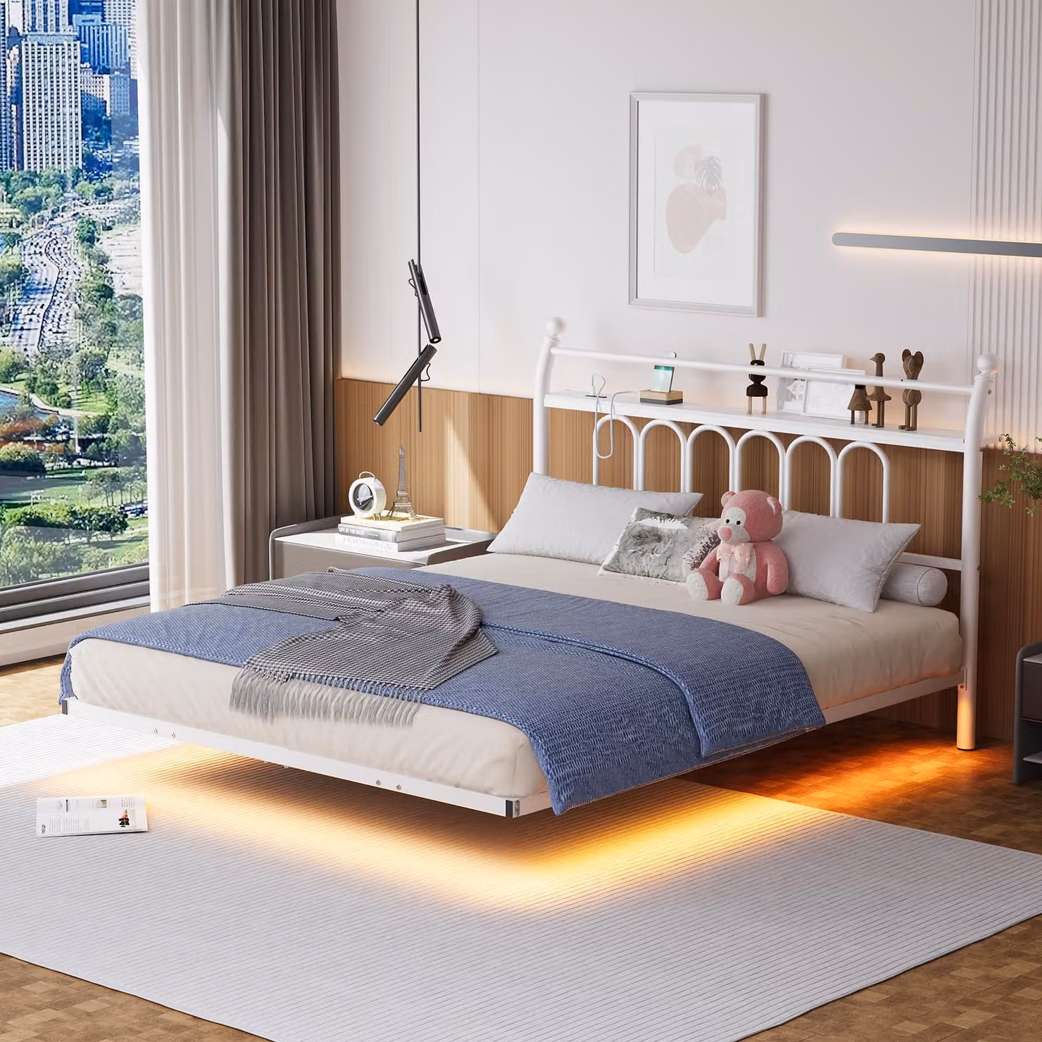 Letto a baldacchino 120x200 cm con illuminazione LED e base di ricarica, bianco