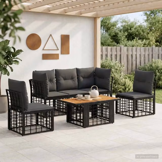 Set da giardino moderno vidaXL a forma di L composto da 6 pezzi in polyrattan con cuscini inclusi, colori nero e grigio – 1