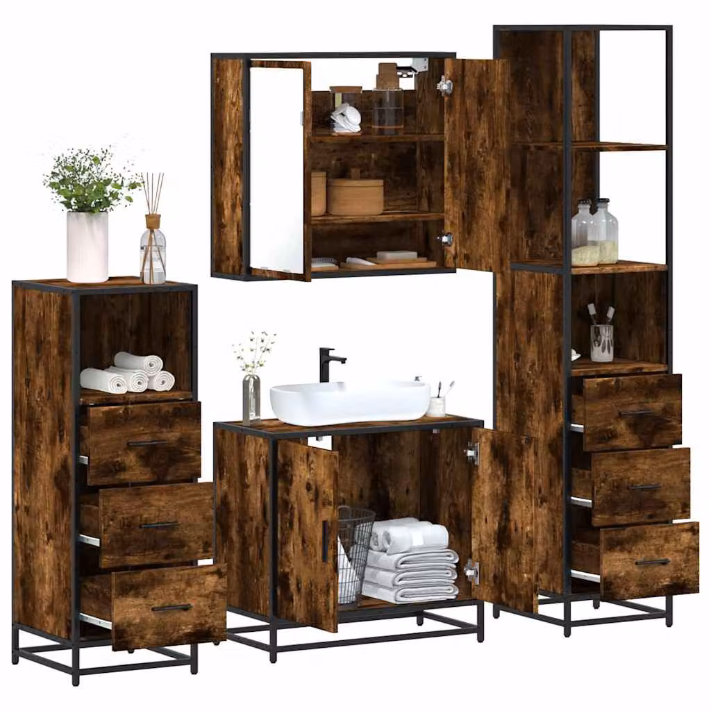 Set di mobili da bagno industrial vidaXL in legno e metallo marrone composto da armadietto con specchio, mobile lavabo, mobile laterale e colonna alta