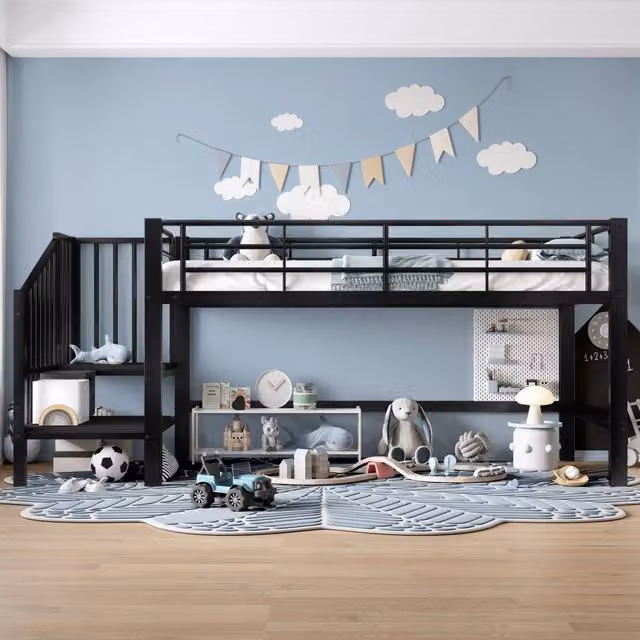 Letto a soppalco per bambini 90x200 cm con scala contenitore integrata; struttura in metallo nero
