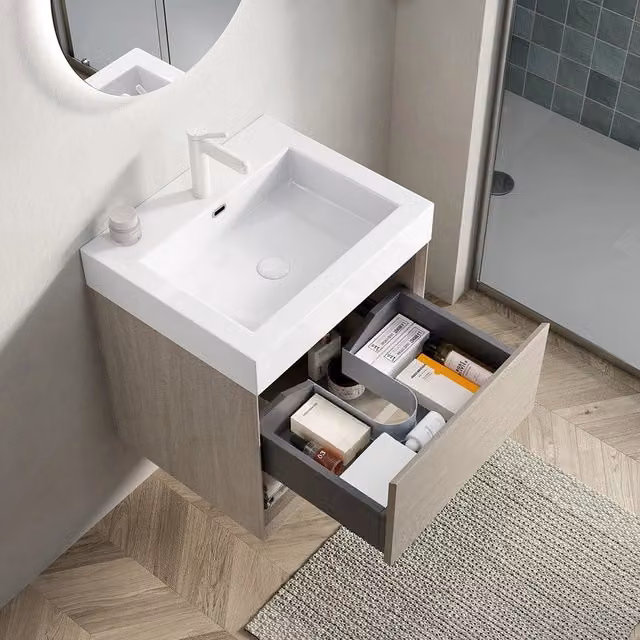 Mobile lavabo a muro con lavello rettangolare in resina bianca - Xylo - 55 cm - Colore legno di quercia chiaro - Tiroir e ??tag??re