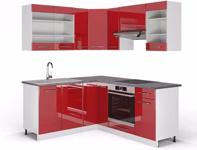 Cucina angolare moderna Vicco Fame-Line Bordeaux lucido e Bianco con piano Antracite