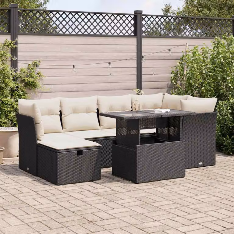 Set di divani da giardino vidaXL con 7 cuscini in polyrattan nero e struttura in metallo per esterni