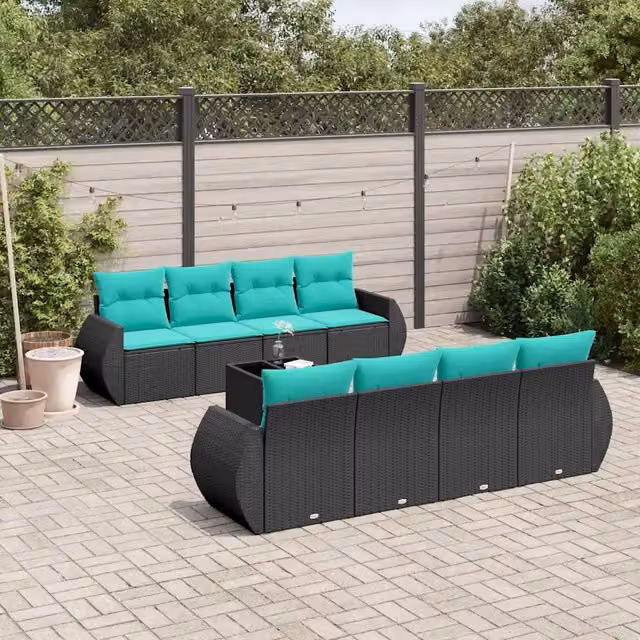 Set Divani da Giardino 9 pz con Cuscini Nero in Polyrattan 3221146