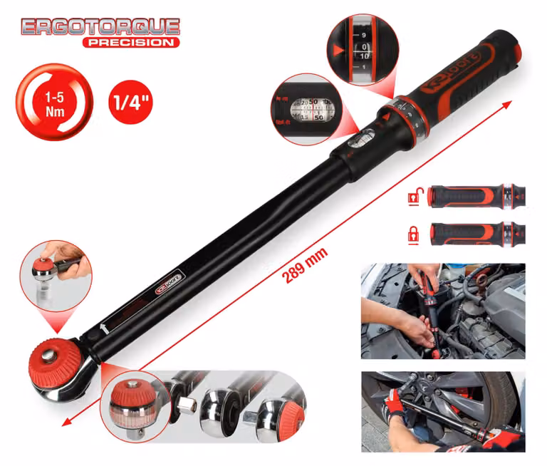 KS TOOLS Werkzeuge-Maschinen GmbH 1/4" ERGOTORQUE® chiave dinamometrica di precisione a cricchetto manopola, 1-5Nm (516.1402)