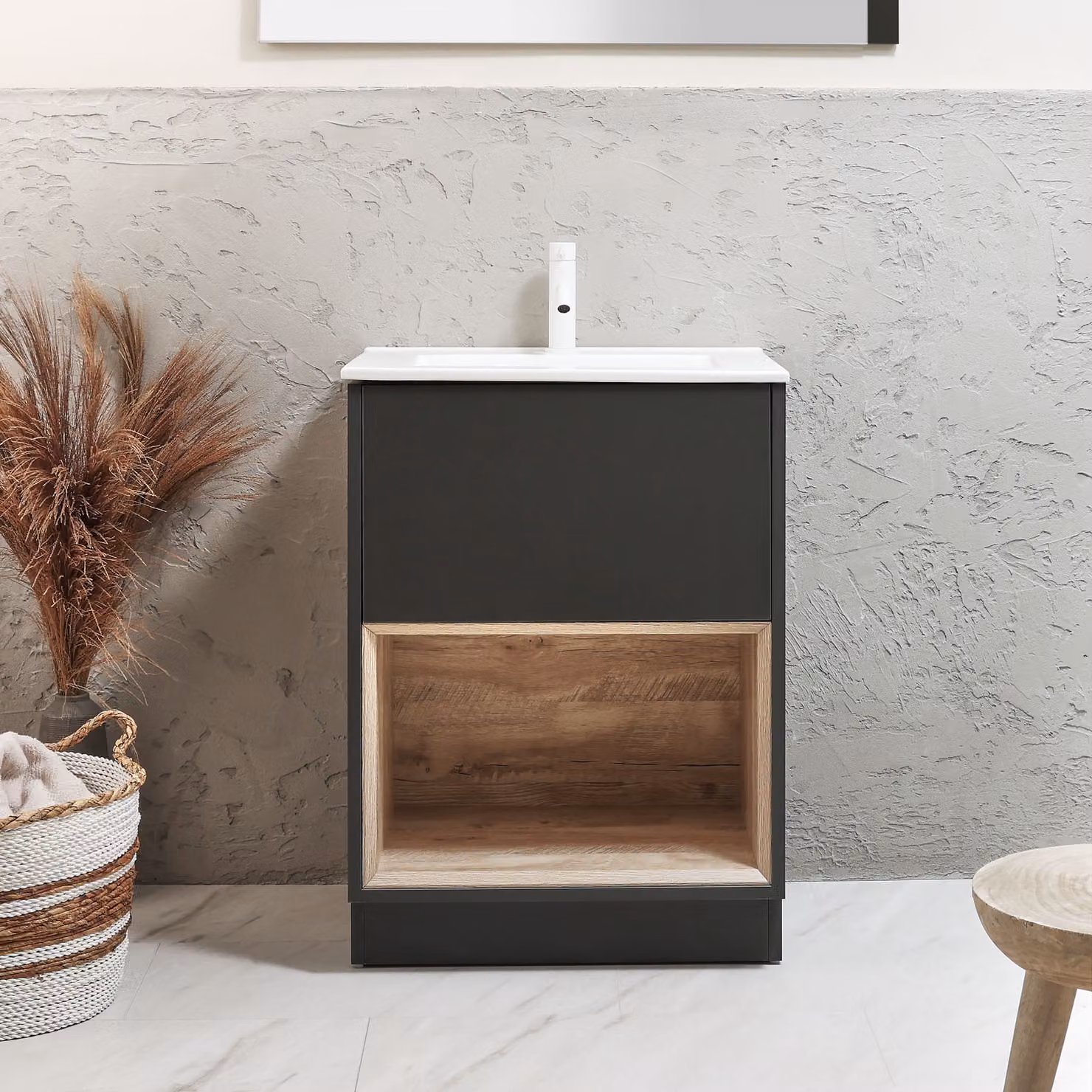 Mobile Bagno con Ripiano Aperto in Grigio Nero da 612mm con Lavabo Bianco (Chalk) e Luci LED - Hoxton