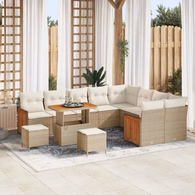 Set Divano da Giardino vidaXL 12 Posti Beige con Cuscini e Tavolino da Esterno in Acciaio e Legno di Acacia