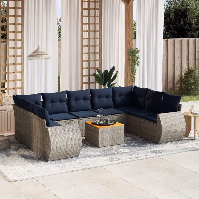Set di divani da giardino vidaXL in polyrattan da 10 pezzi con cuscini e tavolino, colore grigio e blu, design moderno a forma di L con elementi angolari e coperture rimovibili