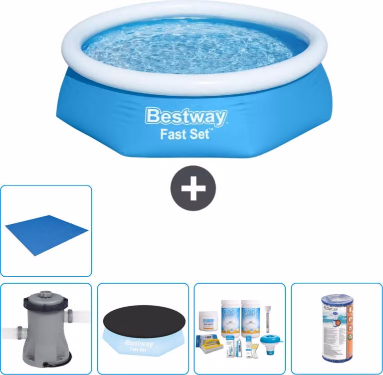 Piscina gonfiabile rotonda Bestway Fast-Set - 244 x 61 cm - blu - inclusa copertura della pompa - pacchetto di manutenzione - filtro - telo di protezione