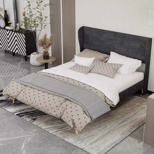 Letto matrimoniale 160×200 cm 2 posti con testiera imbottita e schienale, senza materasso, velluto grigio