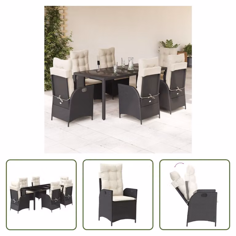 The Living Store Set da pranzo da giardino 7 pezzi con cuscini in polirattan nero