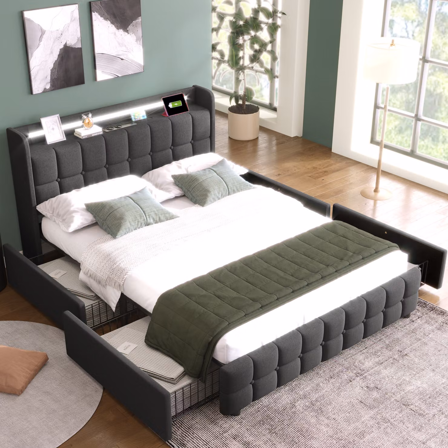Okwish Letto imbottito, Letto matrimoniale 180x200 cm, Letto per bambini con rete a doghe e contenitore, Letto contenitore con illuminazione a LED, con materasso, bianco