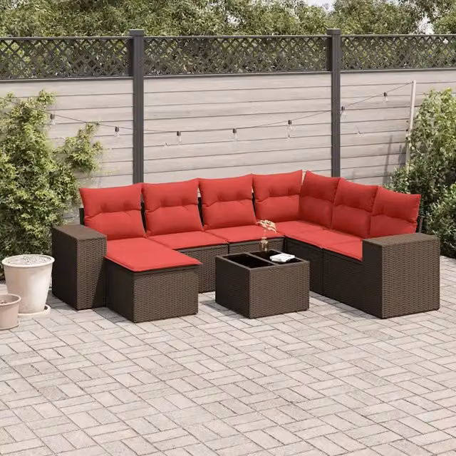 Set da giardino moderno vidaXL composto da 8 pezzi con cuscini marroni e rossi in rattan e struttura in metallo con tavolino da caffè e pouf
