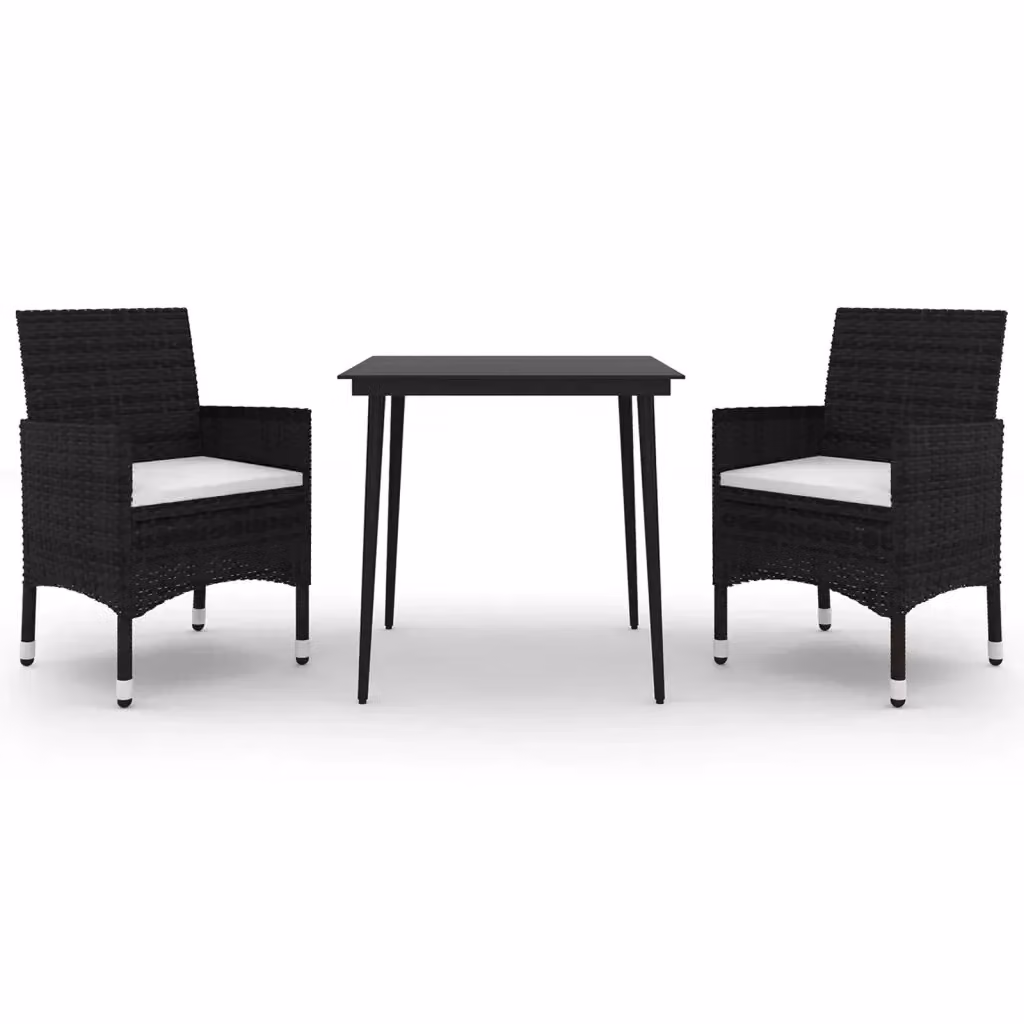 Set da Pranzo da Giardino 3 pz vidaXL in Polyrattan con Vetro e Cuscini, Bianco e Nero – 2