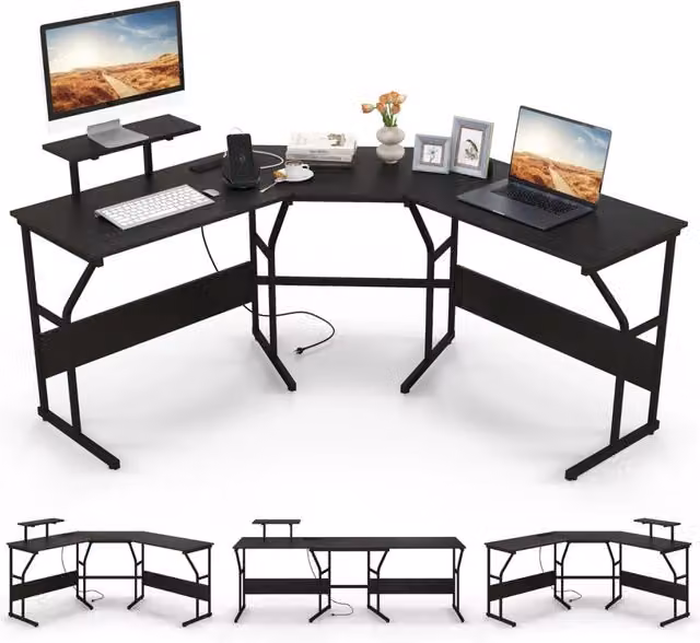 Scrivania ad angolo a forma di L con presa elettrica e supporto monitor mobile, colore nero, L: 225 cm – 1