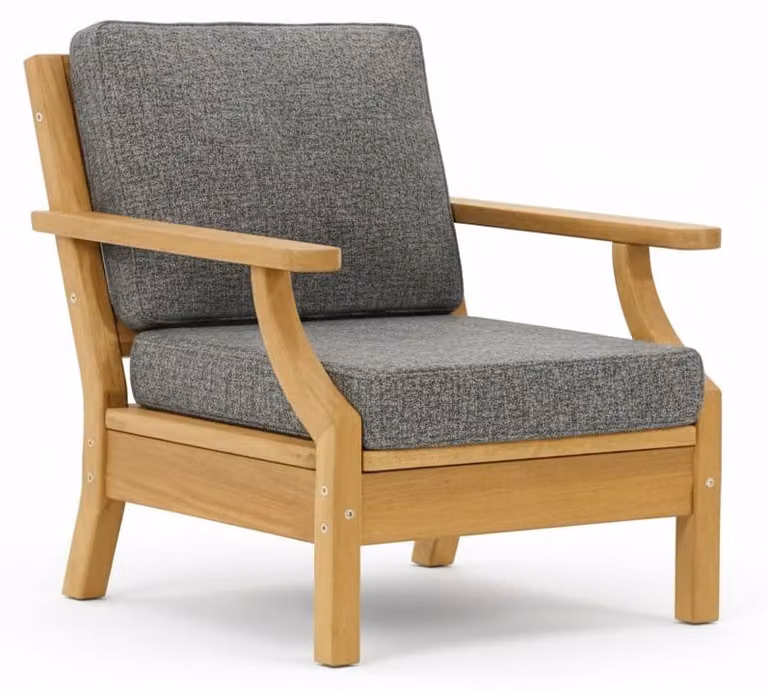 Sedia da giardino in stile moderno, grigia, con struttura in legno, comoda e cuscini morbidi