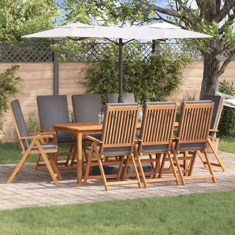 Set di 8 sedie da giardino vidaXL in legno di teak con cuscini marrone e grigio L/P/H: 57 x 71.5 x 104 cm