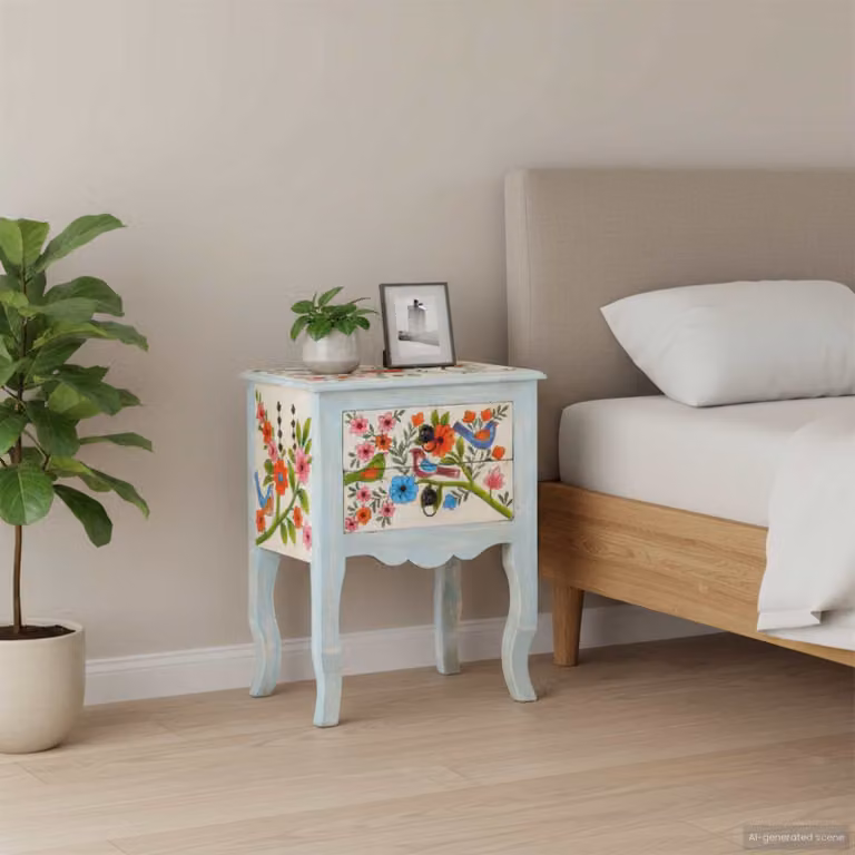 vidaXL Comodino in Legno di Mango con Decorazione Floreale Multicolore e Stile Shabby Chic L: 40 cm, P: 30 cm, H: 50 cm