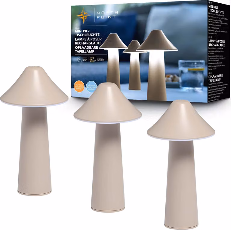 Lampada da tavolo LED moderna Northpoint a forma di fungo, set da 3 pezzi, per interni ed esterni, intensità regolabile in continuo, ricarica USB, cambio colore CCT, colore tenda: taupe