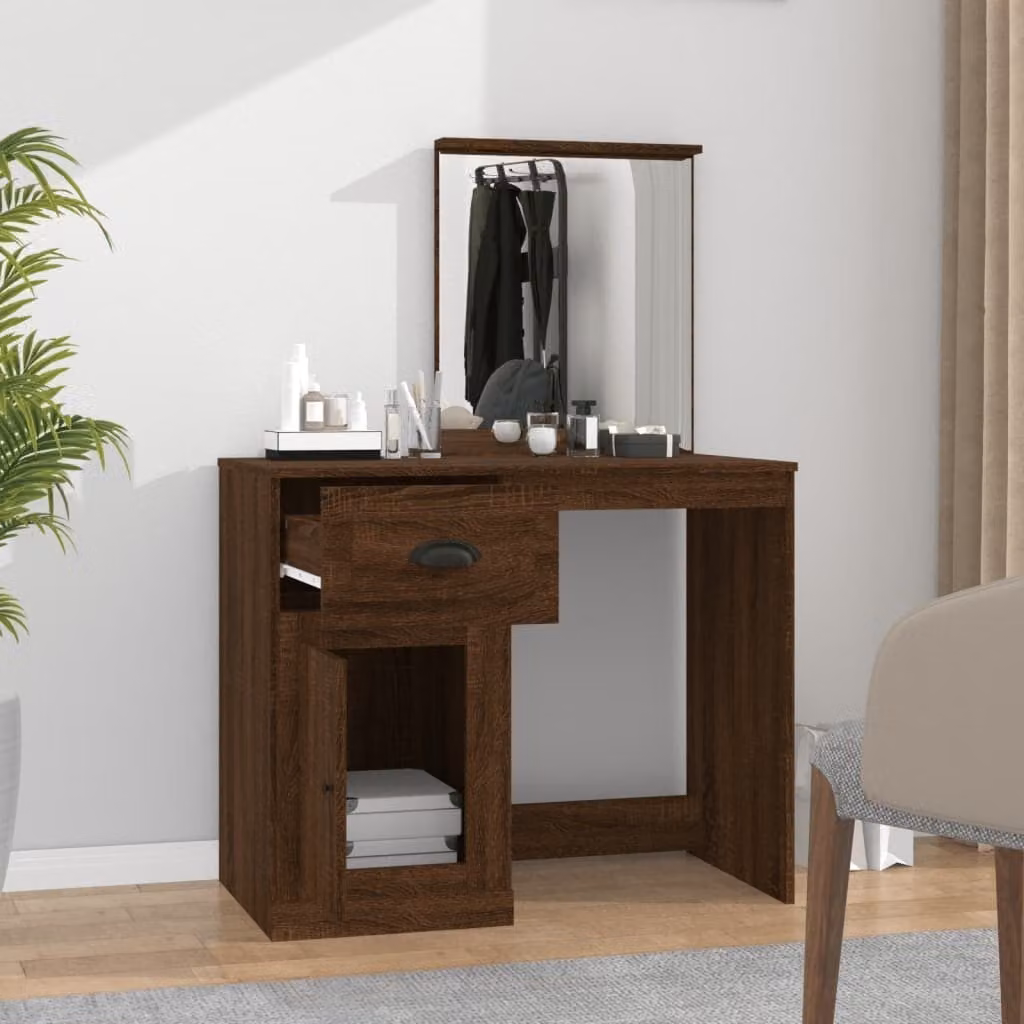 The Living Store Comodino con specchio effetto rovere marrone 90x50x132,5 cm