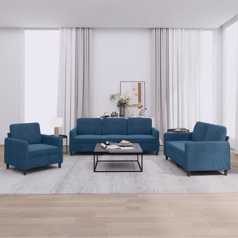 Set di divani 3 pezzi vidaXL in velluto blu con design moderno per il tuo soggiorno