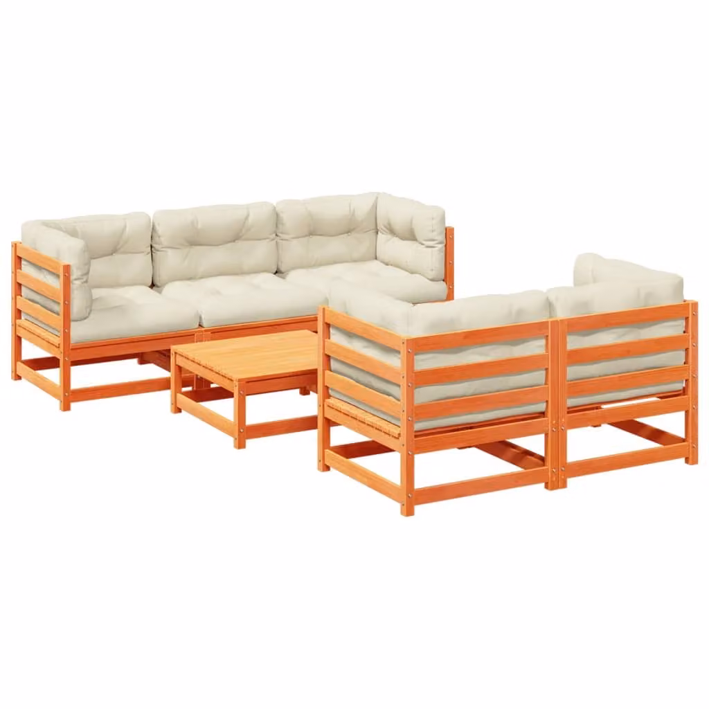 Set Divani Giardino 6pz con Cuscini Marrone Cera Massello Pino
