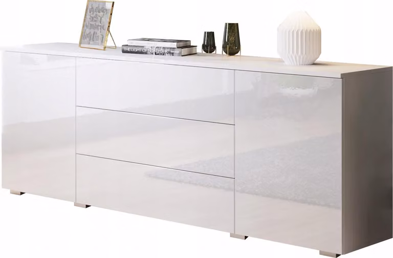 Comodino da 150 cm per camera da letto, con 3 cassetti e ante, finitura bianca opaca/lucida