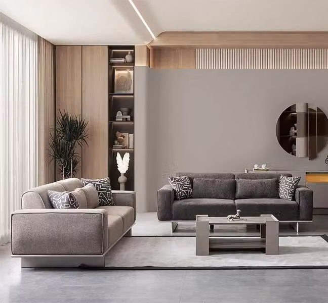 Hellgraue Sitzgarnitur Polster Stoff Couch Textil Sofa Sofagarnitur Moderne 3+3