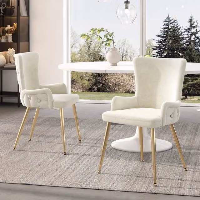 Set di 2 sedie moderne OKWISH in velluto beige con gambe in metallo dorato per soggiorno, camera da letto o sala da pranzo – 1