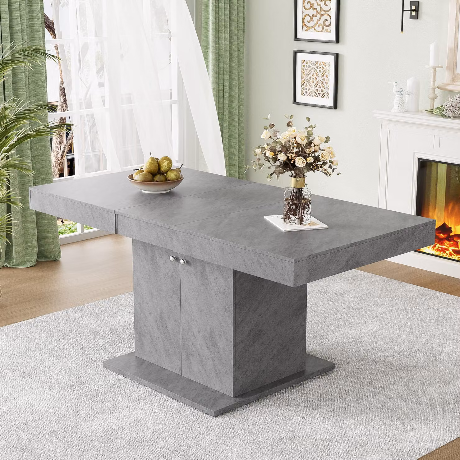 STILVORA Tavolo da pranzo con contenitore, tavolo rettangolare da salotto, ampio contenitore sotto il piano del tavolo con due maniglie, effetto cemento