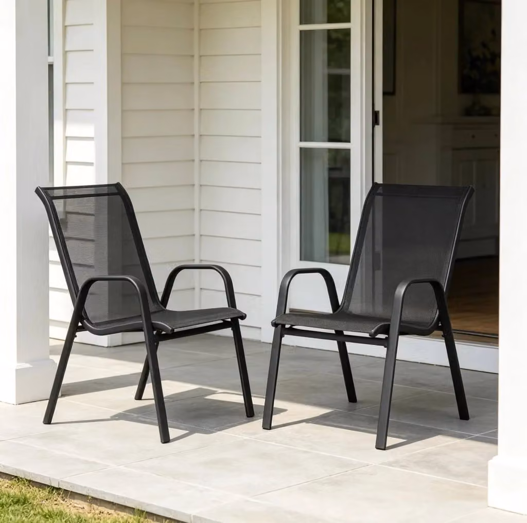 Sedie da giardino impilabili MODFU in metallo e poliestere resistente ai raggi UV, grigio scuro, L: 55 cm, P: 65 cm, H: 92 cm – 2