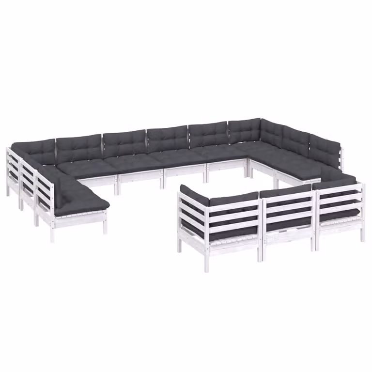 Set Divani da Giardino 13 pz con Cuscini Bianchi Legno di Pino