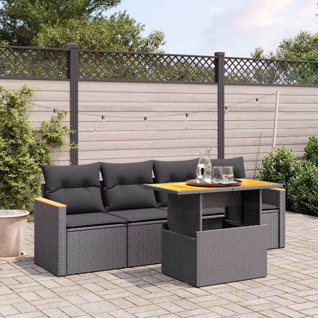 Set di Divani da Giardino vidaXL 5 Pezzi in Polyrattan Nero con Cuscini e Tavolino da Esterno – 1