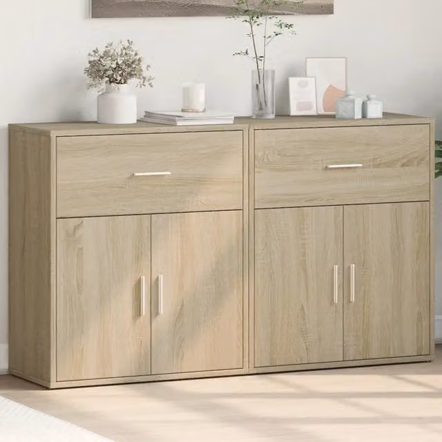 Set di 2 credenze moderne vidaXL in legno color beige e rovere, da appendere al muro, L: 60 cm, P: 31 cm, H: 70 cm