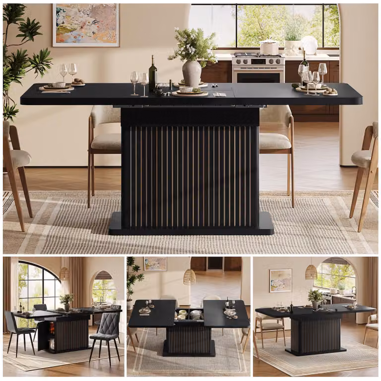 Tavolo da pranzo allungabile, da 120 a 160 cm, con spazio contenitivo nascosto, decorazioni a rilievo verticali, design moderno