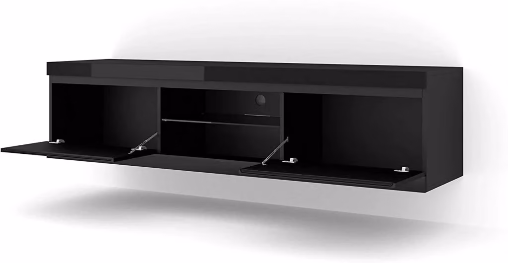 Armadio porta TV Net Bim Furniture Nero Lucido, sospeso per soggiorno, L: 180 cm, P: 40 cm, H: 46 cm – 2