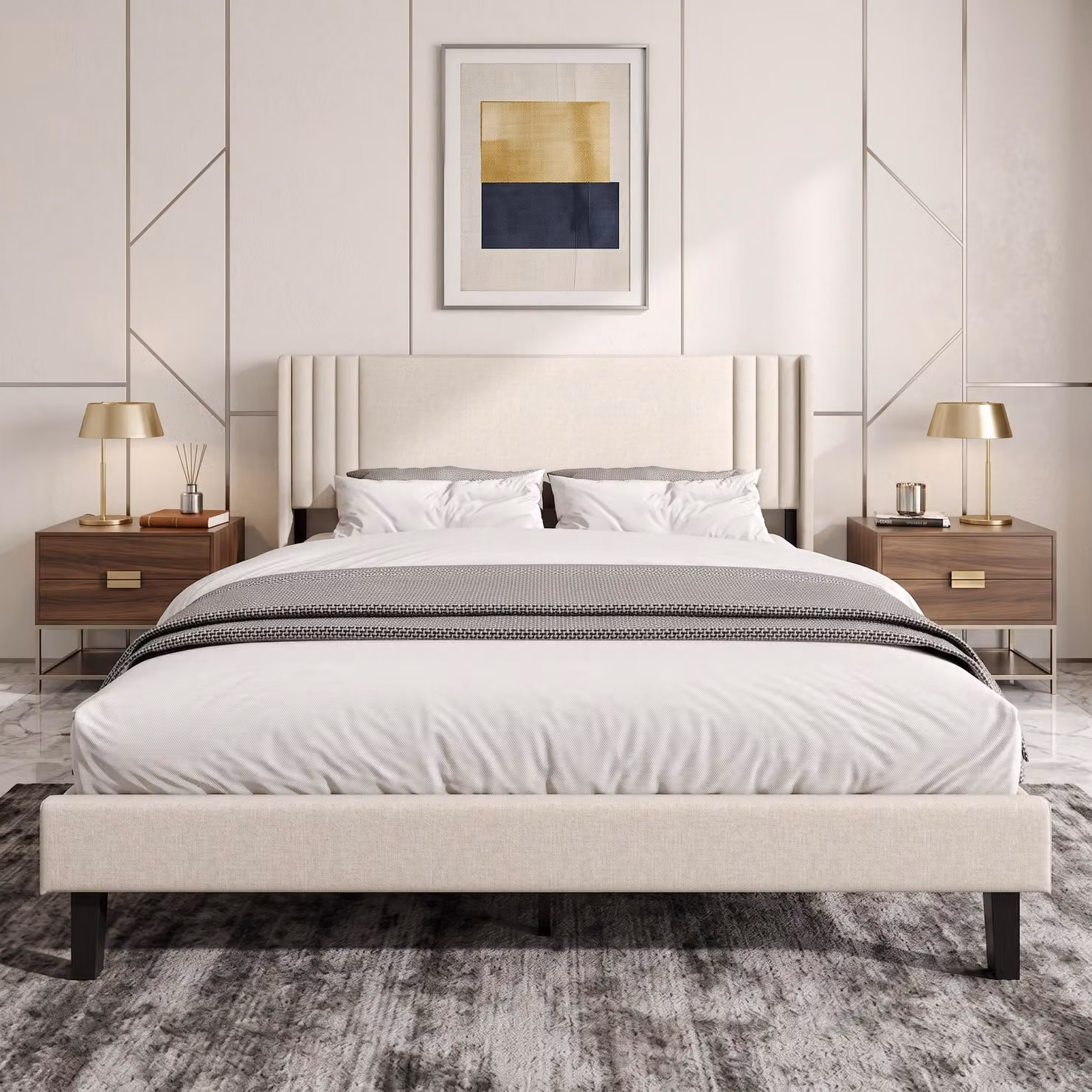 Letto imbottito INONEFT, 140x200 cm, letto matrimoniale con rete a doghe e testiera, letto per ragazzi, struttura letto, senza materasso, tessuto: lino, colore: beige