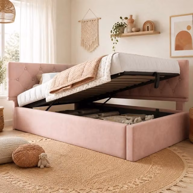 Divano letto a L 90x190 cm in velluto rosa con contenitore idraulico