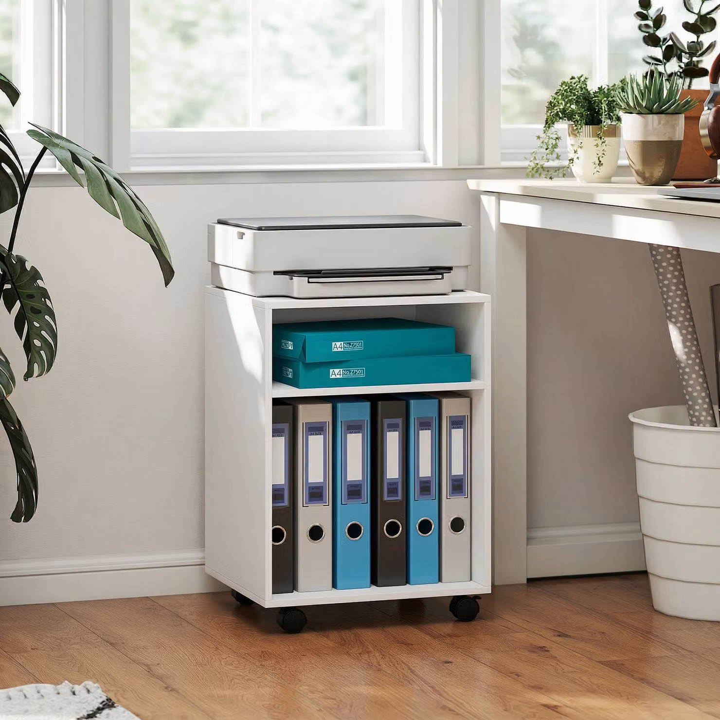 Mobile Porta Stampante HOMCOM con 2 Ripiani Aperti e Ruote Bloccabili, Bianco, L: 40 cm, P: 35 cm, H: 56 cm – 2