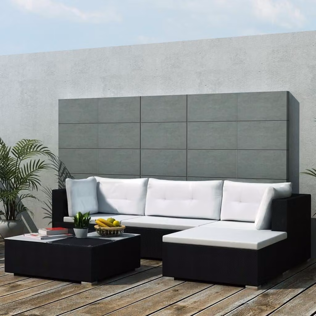 set 5 pezzi da giardino con cuscini in poly rattan nero