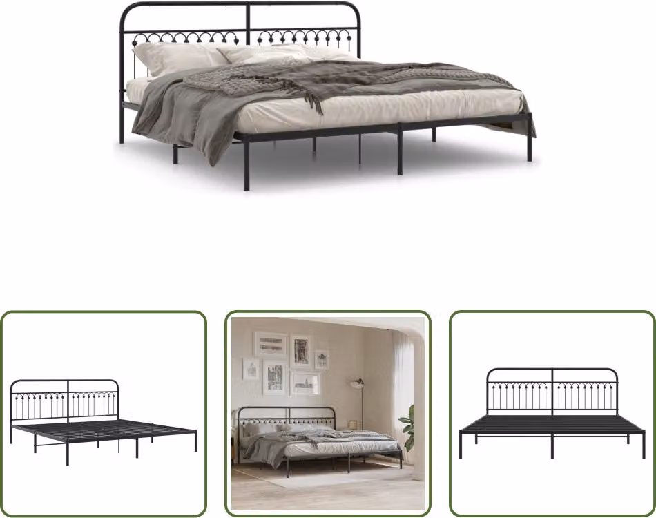 The Living Store Struttura letto con testiera in metallo nero 200x200 cm