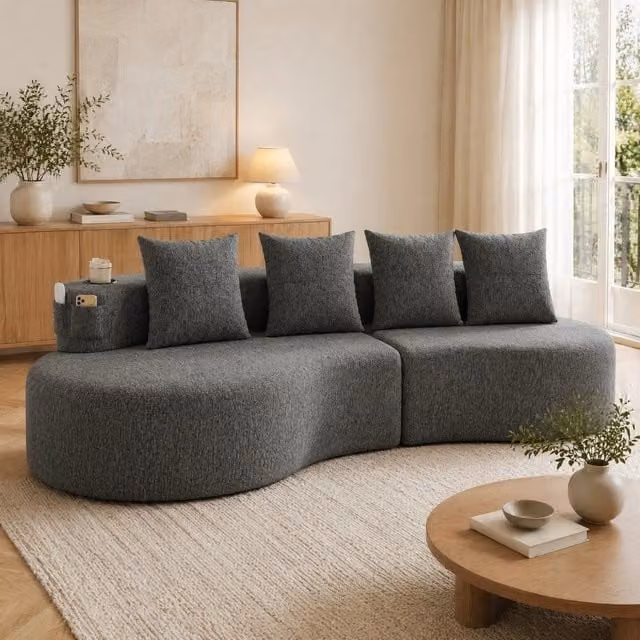 Divano 240x109 cm grigio scuro in lino; 4 cuscini e portabicchieri
