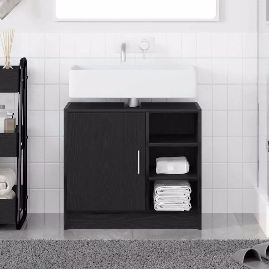 Mobile da bagno vidaXL in legno nero con ante a battente e ripiani interni L: 63 cm, P: 29 cm, H: 55 cm