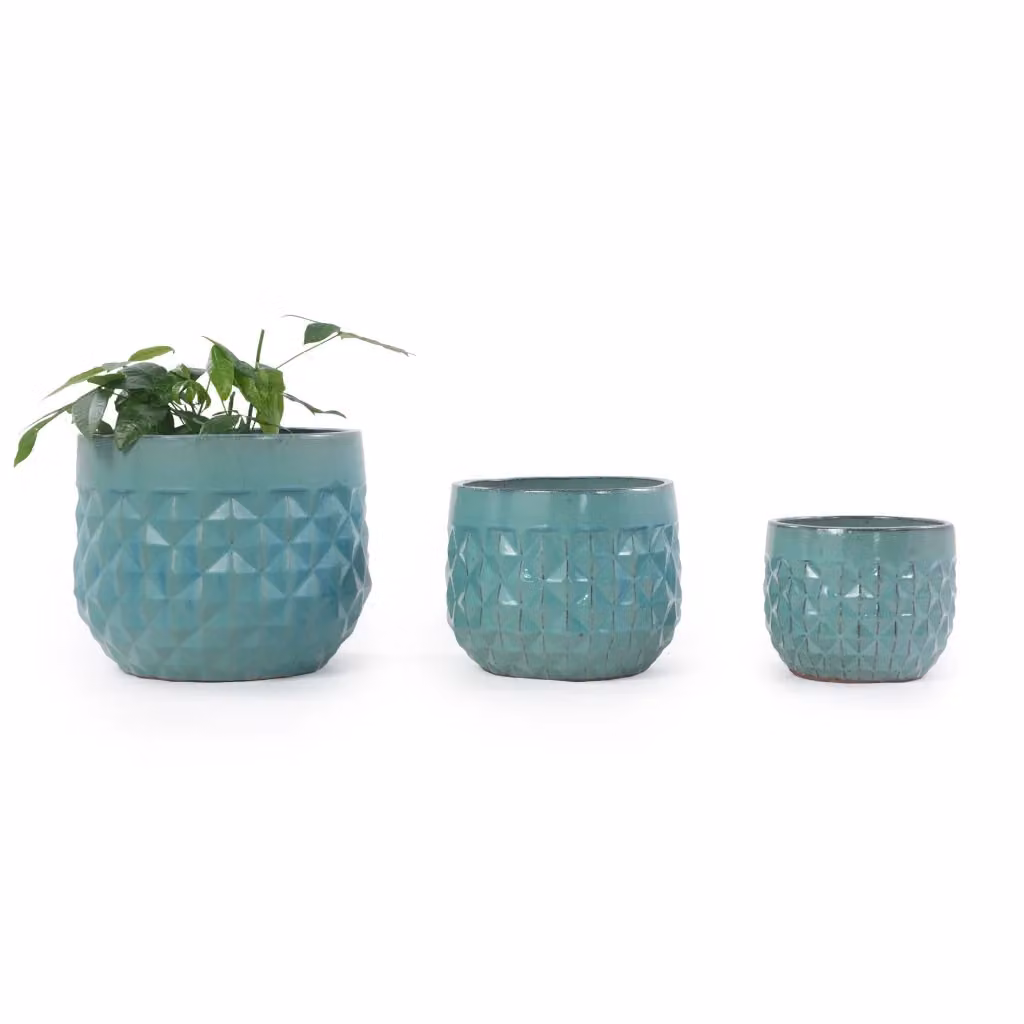 Set di 3 vasi per piante MINIMAL in ceramica turchese con motivo geometrico per interno ed esterno, H: 36 cm, H: 29,5 cm, H: 21,5 cm – 2