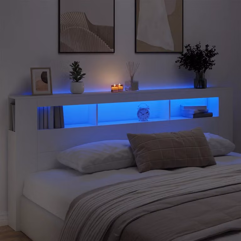 Testiera per letto con LED e porta USB vidaXL Bianca in legno, L: 220 cm, P: 18,5 cm, H: 103,5 cm