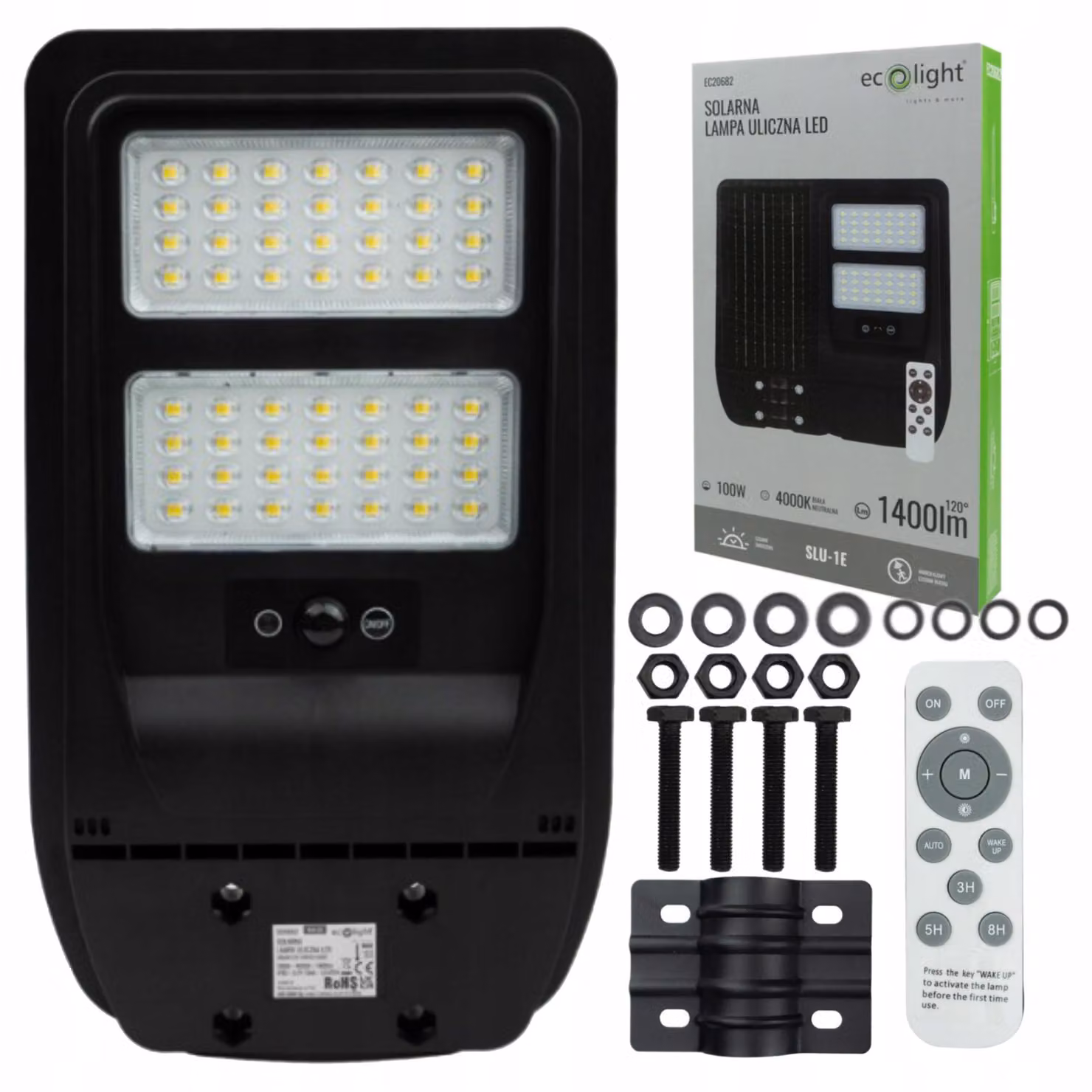 Lampione solare a LED 100W 4000K 1000lm IP65 telecomando sensore di movimento Ecolight EC20682