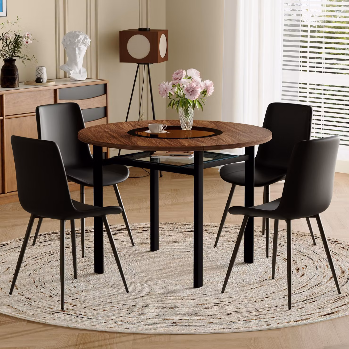 STILVORA Set da pranzo rotondo con ripiano integrato e 4 sedie inPoliuretanonero, sedie da pranzo con diametro di 100 cm in finitura effetto legno marrone, tavolo da pranzo rotondo