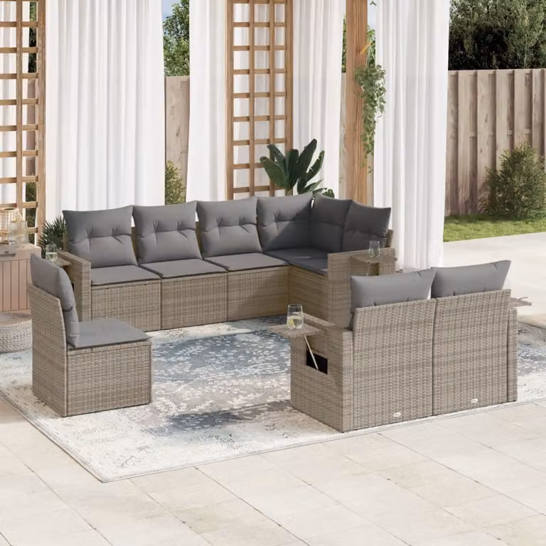 vidaXL Set Divano da Giardino 8 pz a forma di U in Polyrattan Grigio con Cuscini e Tavolino