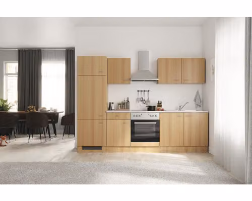 Blocco cucina con elettrodomestici Flex Well Nano 270 cm colore frontale faggio opaco colore mobile faggio